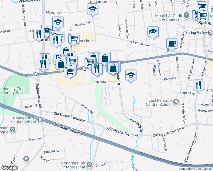 map of restaurants, bars, coffee shops, grocery stores, and more near 1 Secora Road in Ramapo