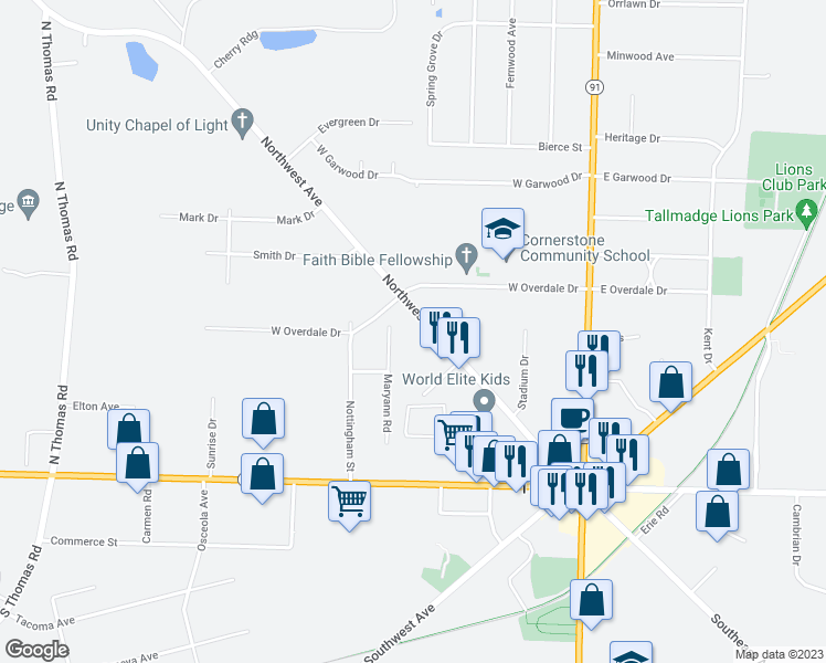 map of restaurants, bars, coffee shops, grocery stores, and more near 207 Northwest Avenue in Tallmadge