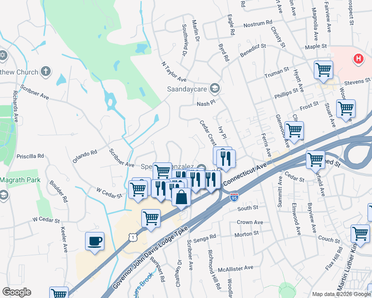 map of restaurants, bars, coffee shops, grocery stores, and more near 48 Suncrest Road in Norwalk