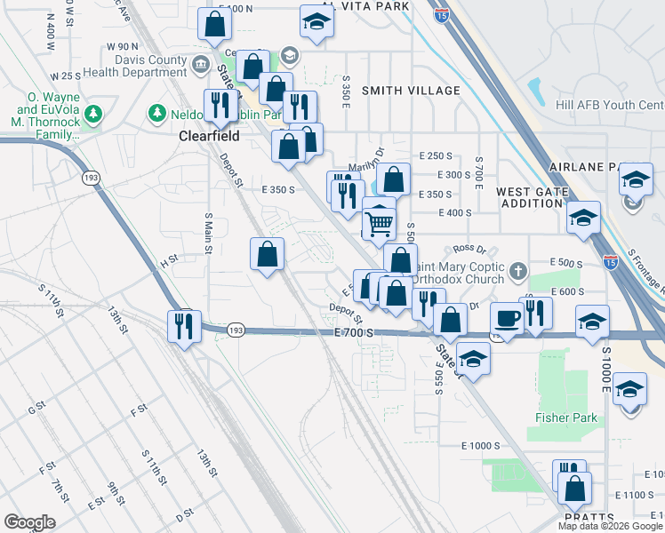 map of restaurants, bars, coffee shops, grocery stores, and more near 447 East 500 South in Clearfield
