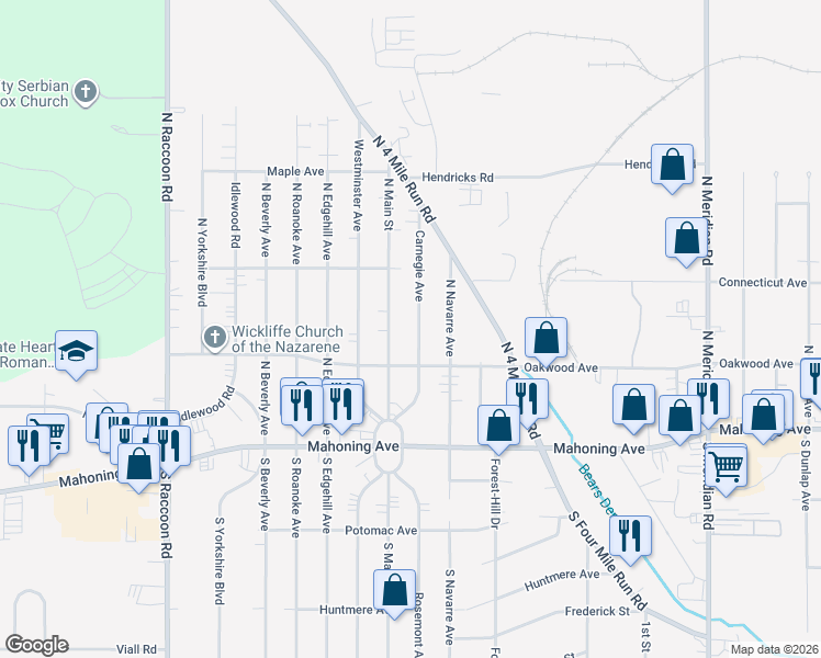 map of restaurants, bars, coffee shops, grocery stores, and more near 138 Carnegie Ave in Youngstown