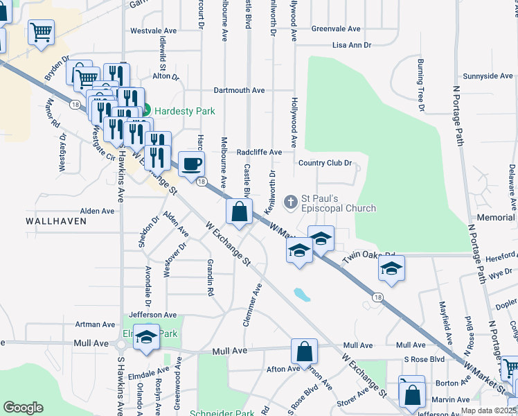 map of restaurants, bars, coffee shops, grocery stores, and more near 1395 West Market Street in Akron