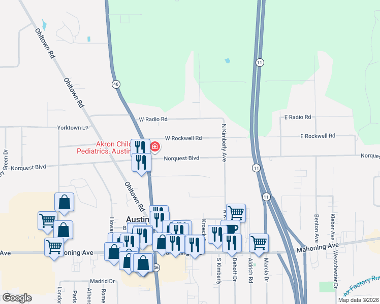 map of restaurants, bars, coffee shops, grocery stores, and more near 5446 Norquest Boulevard in Youngstown