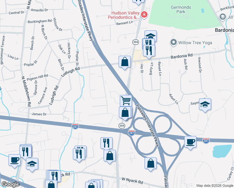 map of restaurants, bars, coffee shops, grocery stores, and more near 32 Village Green in Bardonia