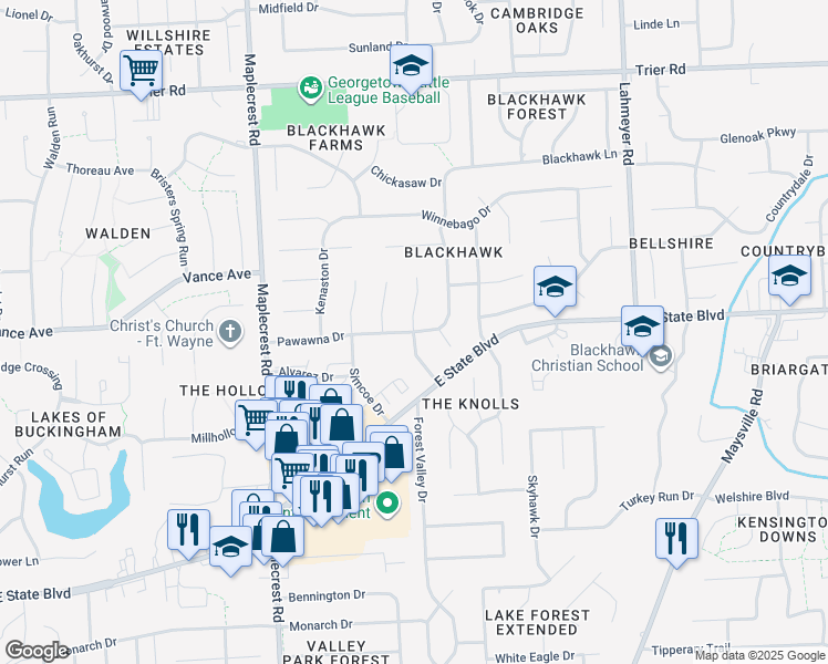 map of restaurants, bars, coffee shops, grocery stores, and more near 6800 Pawawna Drive in Fort Wayne