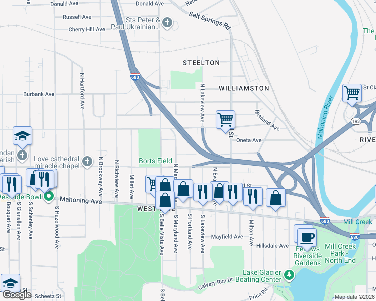 map of restaurants, bars, coffee shops, grocery stores, and more near 1732 Silliman St in Youngstown