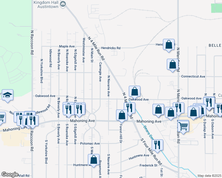map of restaurants, bars, coffee shops, grocery stores, and more near 133 North Navarre Avenue in Austintown