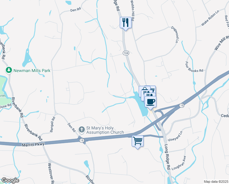 map of restaurants, bars, coffee shops, grocery stores, and more near 91 Northwood Lane in Stamford
