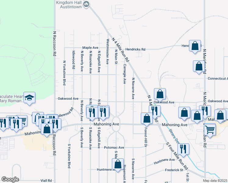 map of restaurants, bars, coffee shops, grocery stores, and more near 138 North Main Street in Youngstown