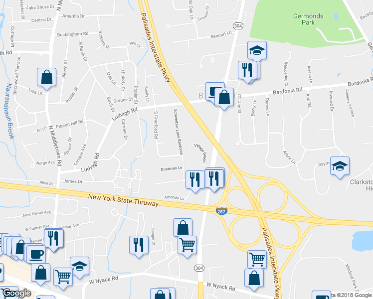 map of restaurants, bars, coffee shops, grocery stores, and more near 70 Village Green in Bardonia
