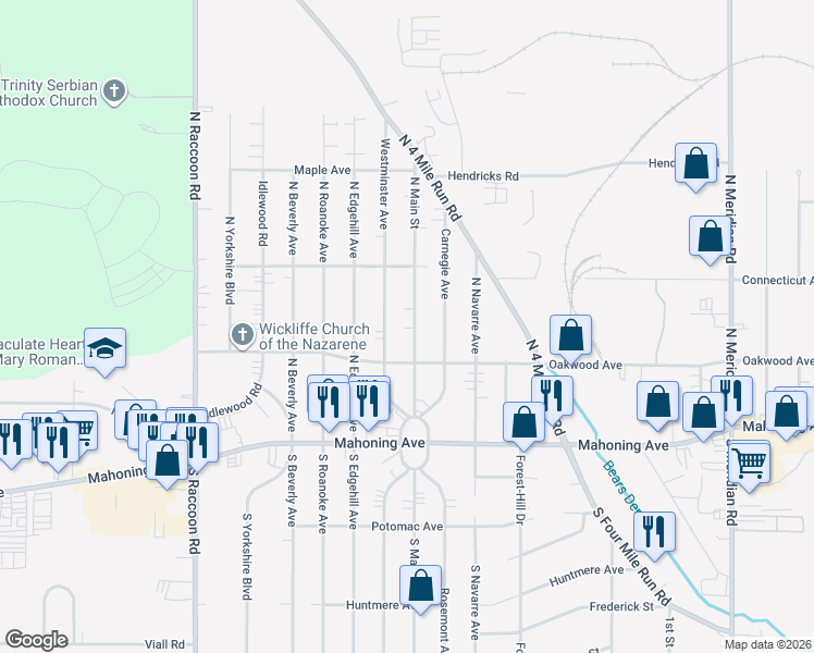 map of restaurants, bars, coffee shops, grocery stores, and more near 138 North Main Street in Youngstown