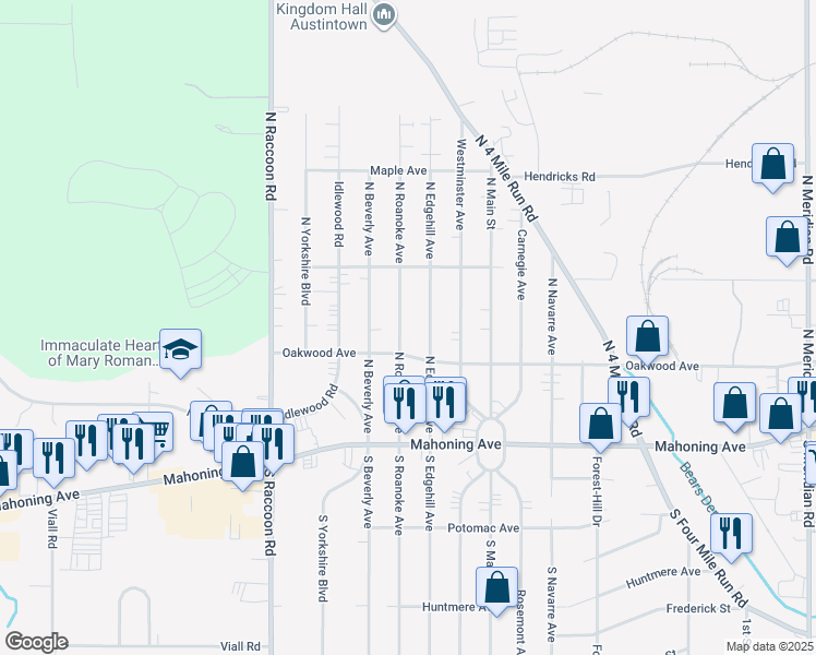 map of restaurants, bars, coffee shops, grocery stores, and more near 127 North Roanoke Avenue in Youngstown