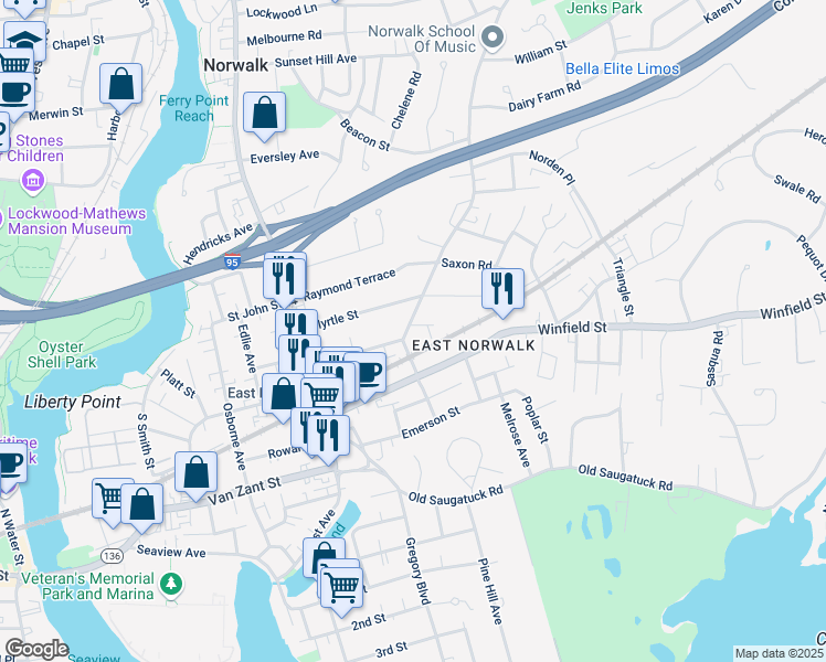 map of restaurants, bars, coffee shops, grocery stores, and more near 18 Strawberry Hill Avenue in Norwalk