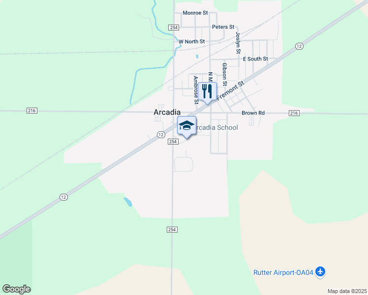 map of restaurants, bars, coffee shops, grocery stores, and more near 19033 Ohio 12 in Arcadia