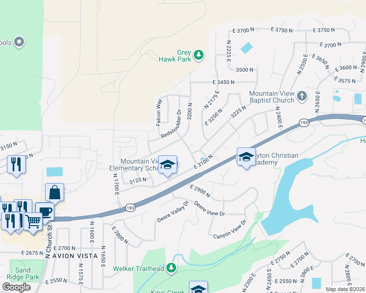 map of restaurants, bars, coffee shops, grocery stores, and more near 3159 East Broadwing Drive in Layton