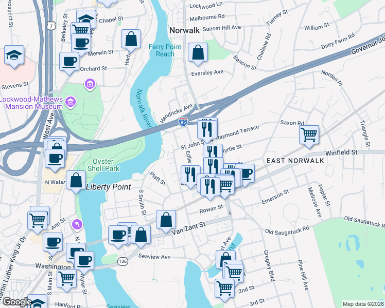 map of restaurants, bars, coffee shops, grocery stores, and more near 30 Edlie Avenue in Norwalk