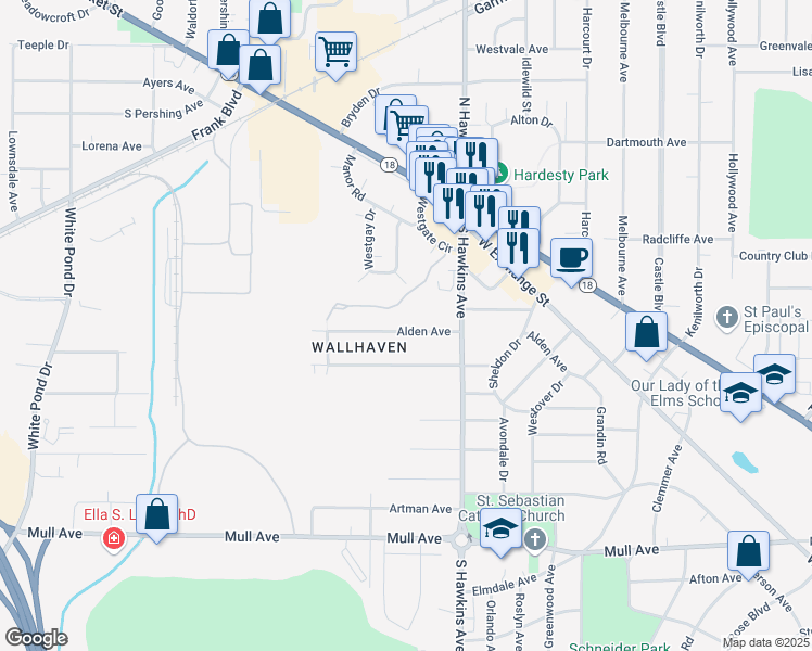 map of restaurants, bars, coffee shops, grocery stores, and more near 287 Alden Avenue in Akron