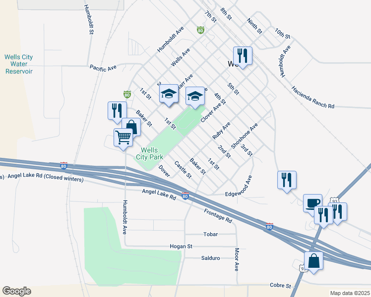 map of restaurants, bars, coffee shops, grocery stores, and more near 541 Baker Street in Wells