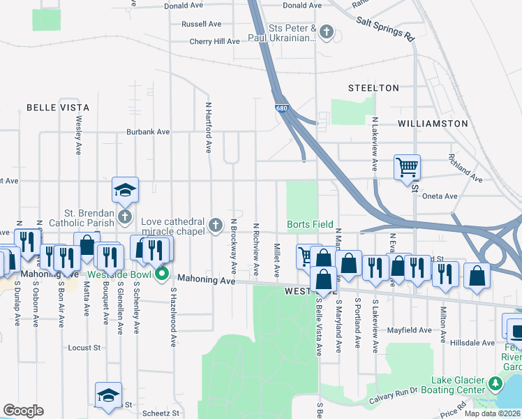 map of restaurants, bars, coffee shops, grocery stores, and more near 135 North Richview Avenue in Youngstown