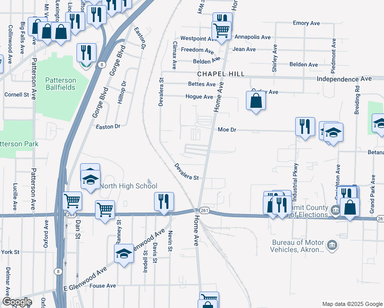 map of restaurants, bars, coffee shops, grocery stores, and more near 22 Kyle Lane in Akron