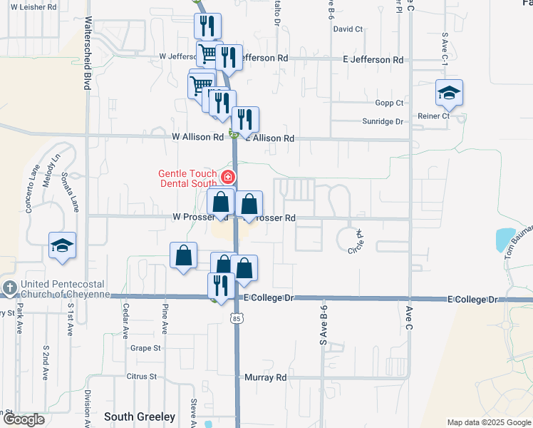 map of restaurants, bars, coffee shops, grocery stores, and more near 100-472 East Prosser Road in Cheyenne