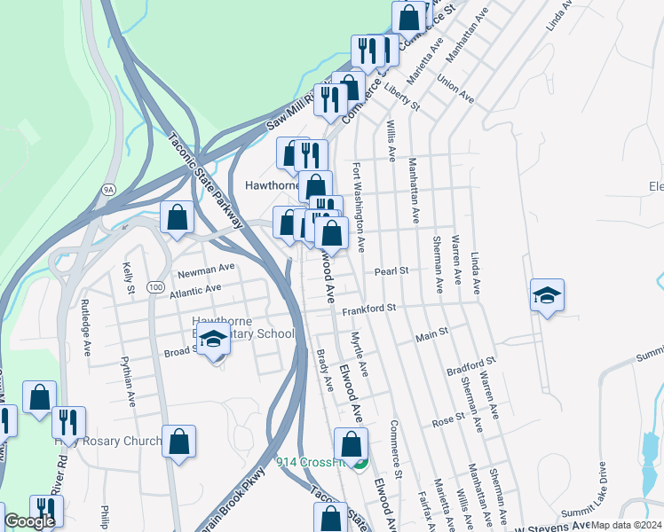 map of restaurants, bars, coffee shops, grocery stores, and more near 313 Elwood Avenue in Hawthorne