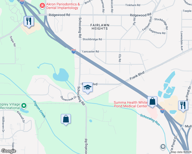 map of restaurants, bars, coffee shops, grocery stores, and more near 2412 Audubon Road in Akron