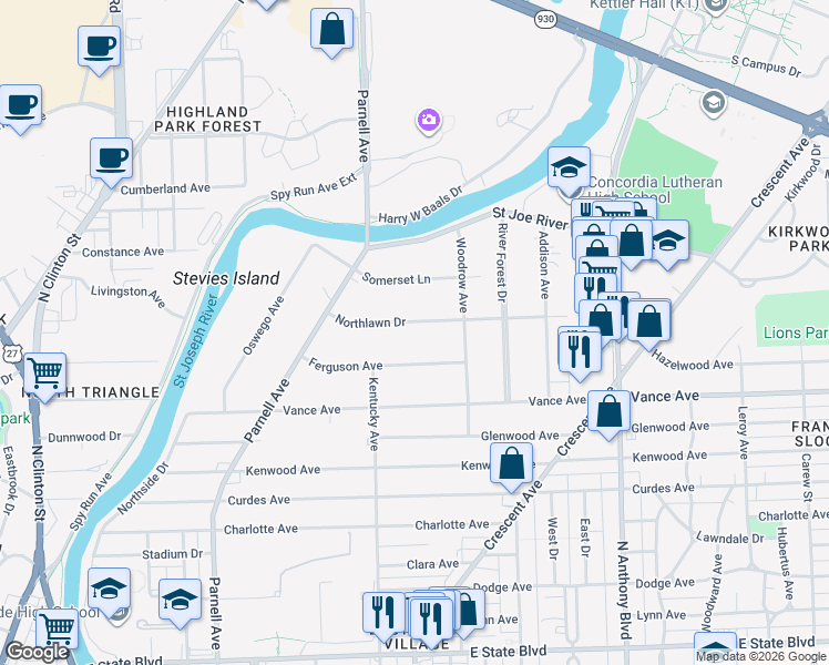 map of restaurants, bars, coffee shops, grocery stores, and more near 1220 Northlawn Ave in Fort Wayne