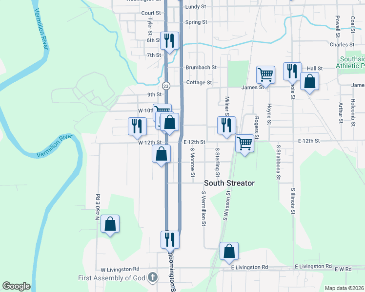 map of restaurants, bars, coffee shops, grocery stores, and more near 201 East 12th Street in Streator