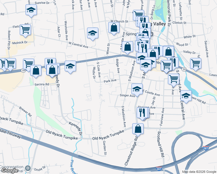 map of restaurants, bars, coffee shops, grocery stores, and more near 20 Park Avenue in Spring Valley
