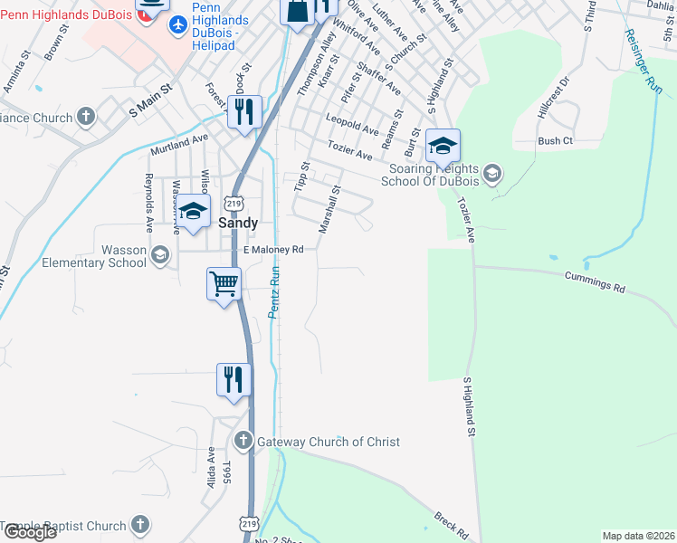map of restaurants, bars, coffee shops, grocery stores, and more near 54 Hibbard Road in DuBois
