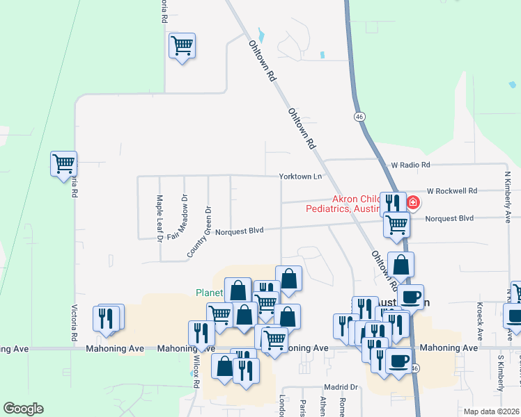 map of restaurants, bars, coffee shops, grocery stores, and more near 5705 Norquest Boulevard in Youngstown