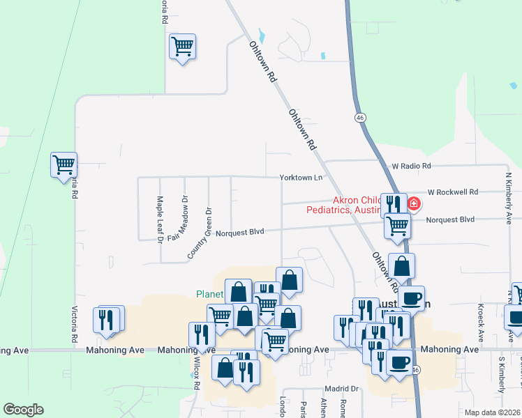 map of restaurants, bars, coffee shops, grocery stores, and more near 5705 Norquest Boulevard in Youngstown