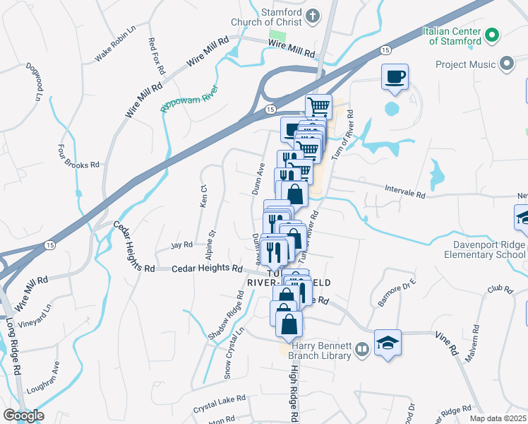 map of restaurants, bars, coffee shops, grocery stores, and more near 20 Winter Street in Stamford