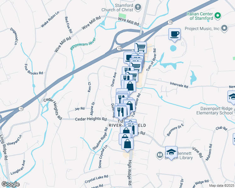 map of restaurants, bars, coffee shops, grocery stores, and more near 20 Winter Street in Stamford