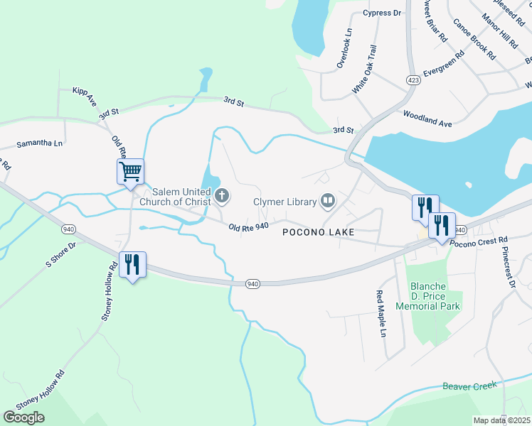 map of restaurants, bars, coffee shops, grocery stores, and more near 202 Fischer Lane in Pocono Pines