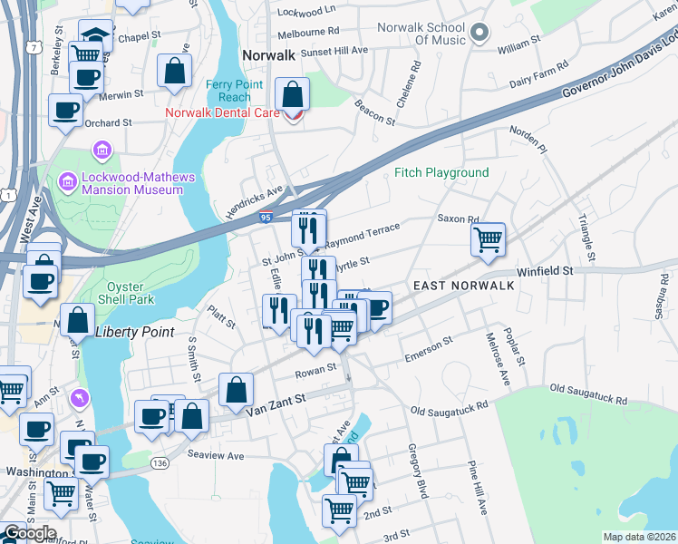 map of restaurants, bars, coffee shops, grocery stores, and more near 7 Myrtle Street in Norwalk