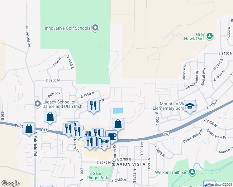 map of restaurants, bars, coffee shops, grocery stores, and more near 3176 North 1450 East in Layton