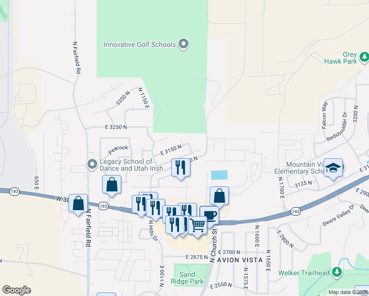map of restaurants, bars, coffee shops, grocery stores, and more near 1302 East 3150 North in Layton