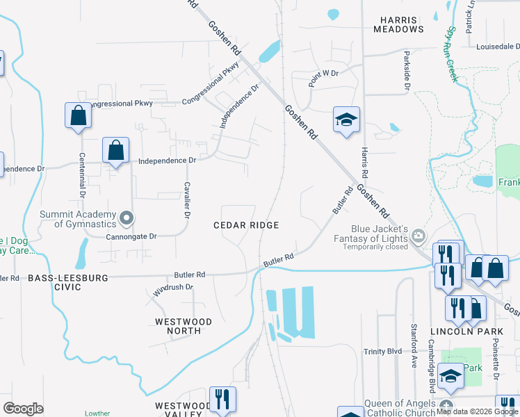 map of restaurants, bars, coffee shops, grocery stores, and more near 3318 Foxcroft Drive in Fort Wayne