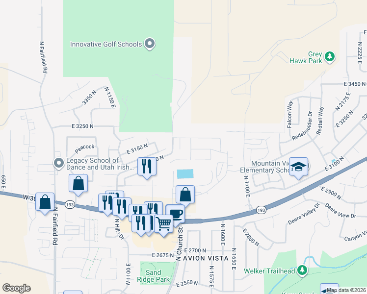 map of restaurants, bars, coffee shops, grocery stores, and more near 3176 North 1450 East in Layton