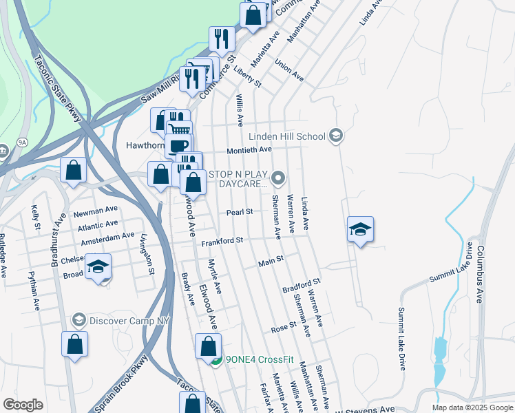 map of restaurants, bars, coffee shops, grocery stores, and more near 311 Manhattan Avenue in Hawthorne