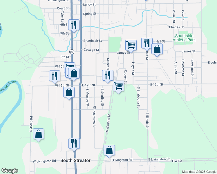 map of restaurants, bars, coffee shops, grocery stores, and more near 419 East 12th Street in Streator