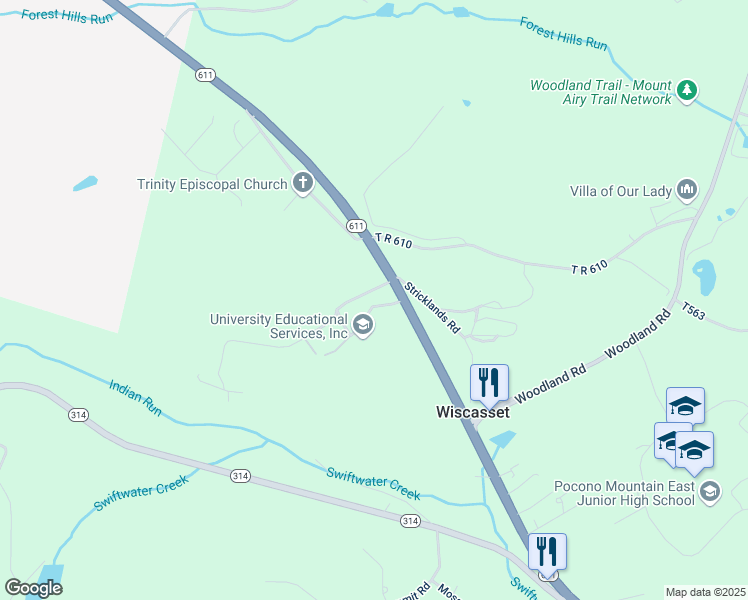 map of restaurants, bars, coffee shops, grocery stores, and more near 212 Rock Ridge Road in Mount Pocono