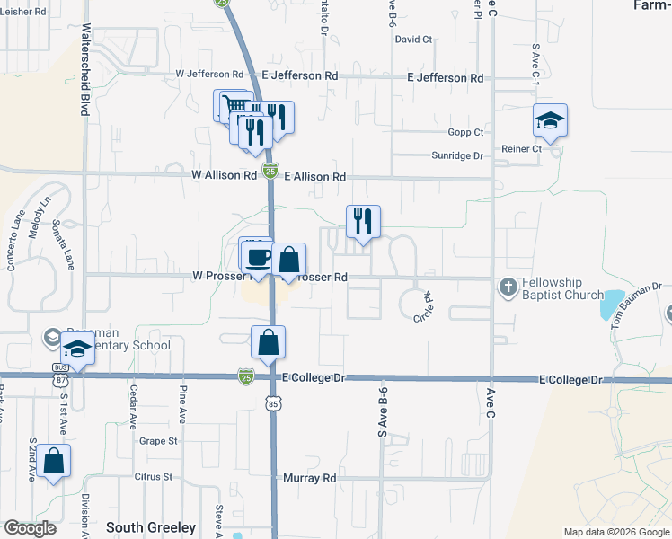 map of restaurants, bars, coffee shops, grocery stores, and more near 402 E Prosser Rd in Cheyenne