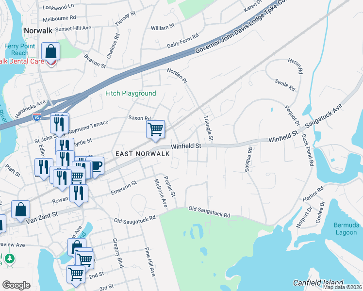 map of restaurants, bars, coffee shops, grocery stores, and more near 88 Winfield Street in Norwalk