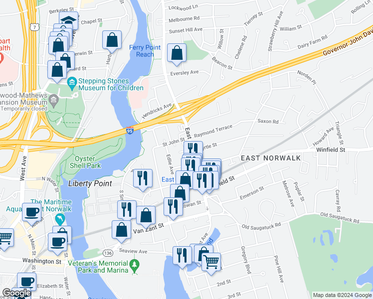 map of restaurants, bars, coffee shops, grocery stores, and more near 208 East Avenue in Norwalk