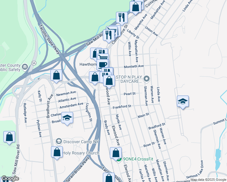 map of restaurants, bars, coffee shops, grocery stores, and more near 311 Commerce Street in Hawthorne