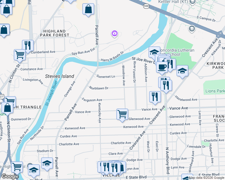 map of restaurants, bars, coffee shops, grocery stores, and more near 1220 Northlawn Drive in Fort Wayne