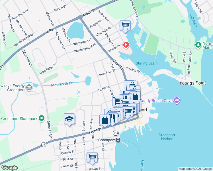 map of restaurants, bars, coffee shops, grocery stores, and more near 224 North Street in Greenport